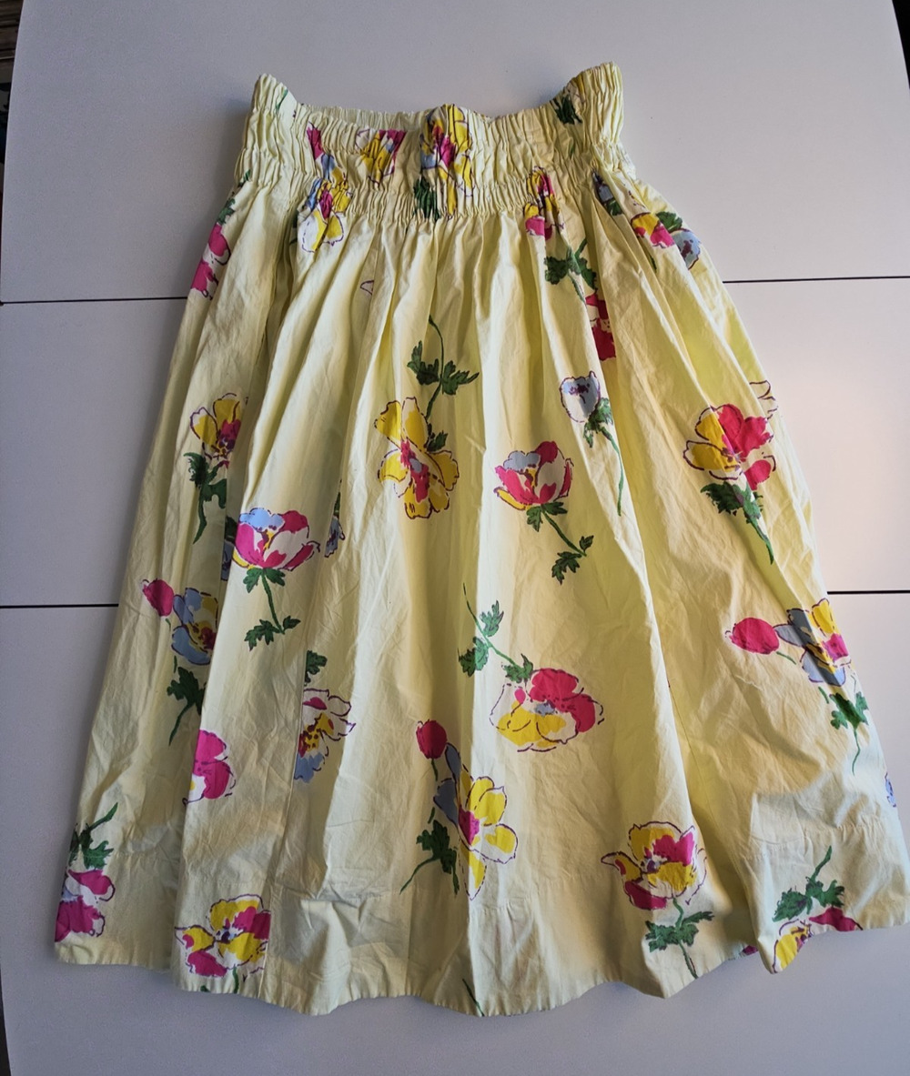Free People Yellow Floral Smocked Waist Cotton Midi Skirt Boho Lined
